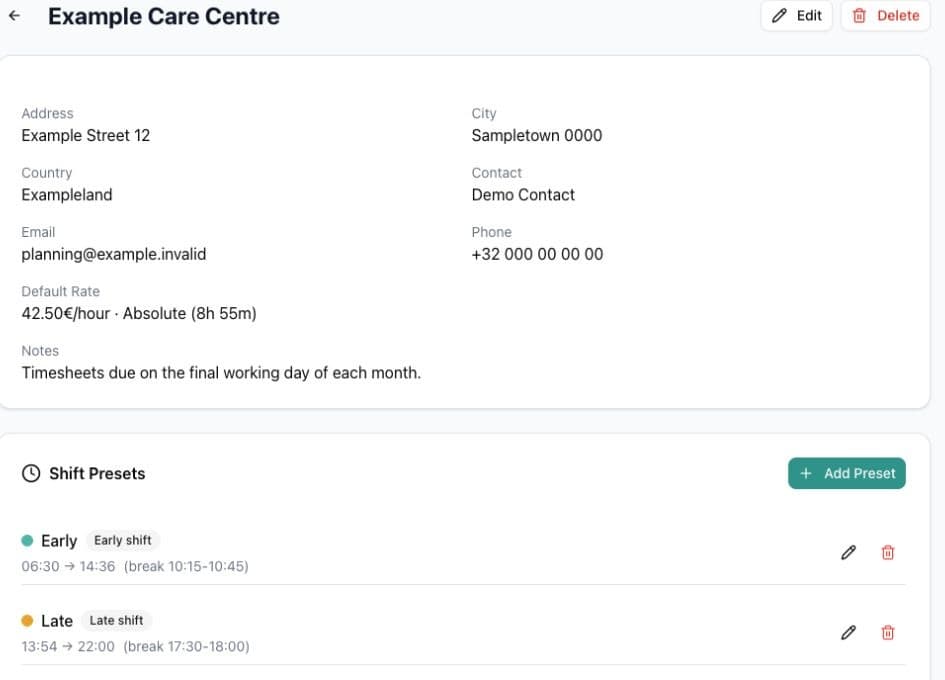 EasySheets facility profile with contact details and colored shift presets