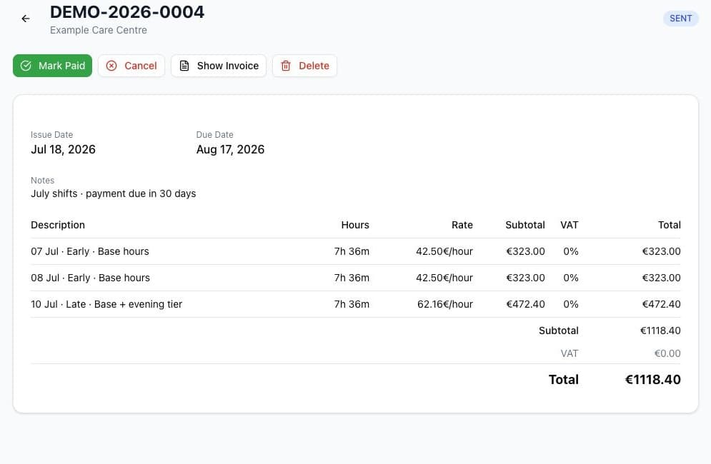 EasySheets professional invoice with shift line items and totals