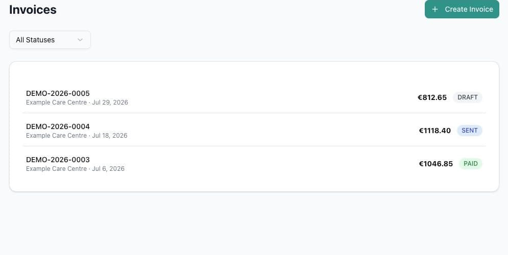 EasySheets invoice list showing draft, sent, and paid statuses