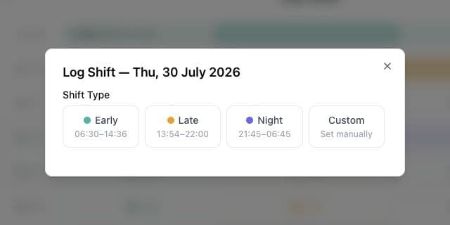 EasySheets shift entry showing color-coded Early, Late, Night, and Custom shift controls
